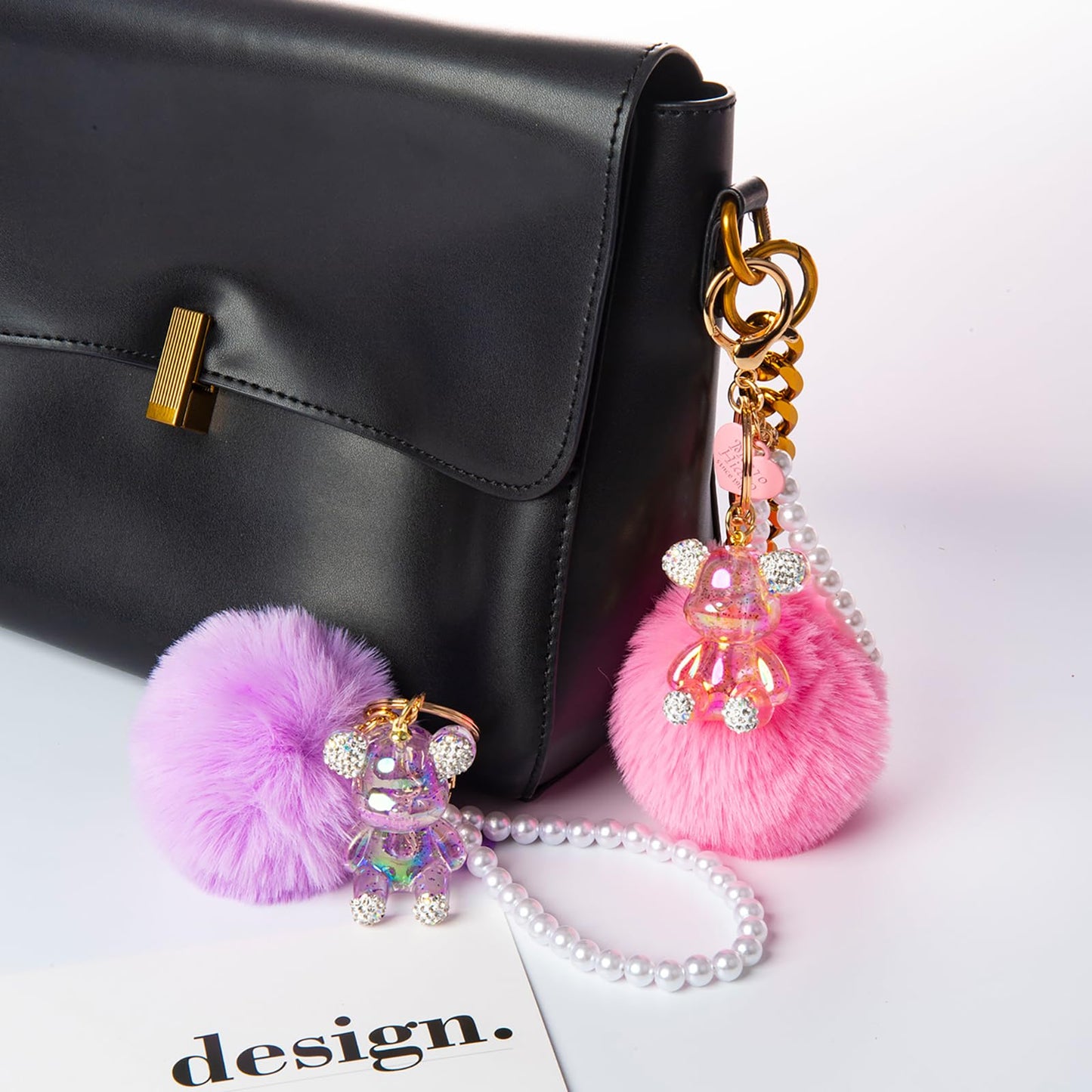 YOU WIZV Cute Pink Bear Keychain for Women with Puff Ball Purse Charms, Girls Bling Key Chains for Car Keys, Backpack, Purse Accessories, Pink Pom Pom Keychain