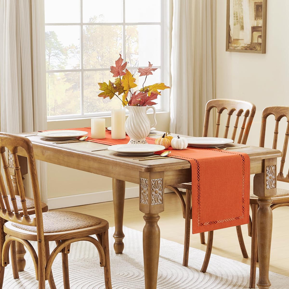 Fall Table Runner Decorations, Burlap Style Farmhouse 13 x 108 Inch Orange Table Runner, Rustic Geometric Hollow Table Runners 108 Inches Long for Autumn Thanksgiving Decorations, 13x108 Inches,Orange
