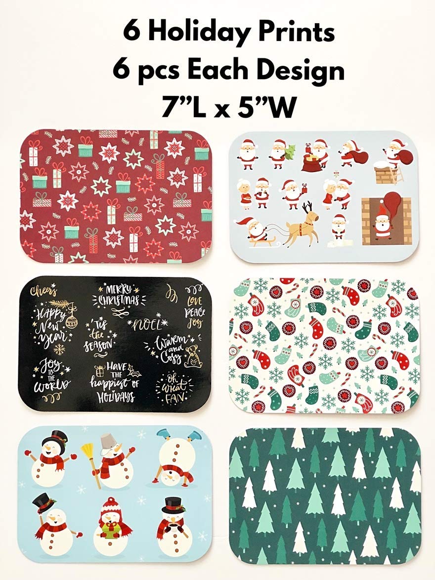 Set of 36 Christmas Treat Foil Containers - 6 Holiday Designs, Snowman & Santa Festive Cover Print - 7"L x 5"W x 1.5"D - Disposable Food Storage Pan for Party Leftovers or Cookie Exchange