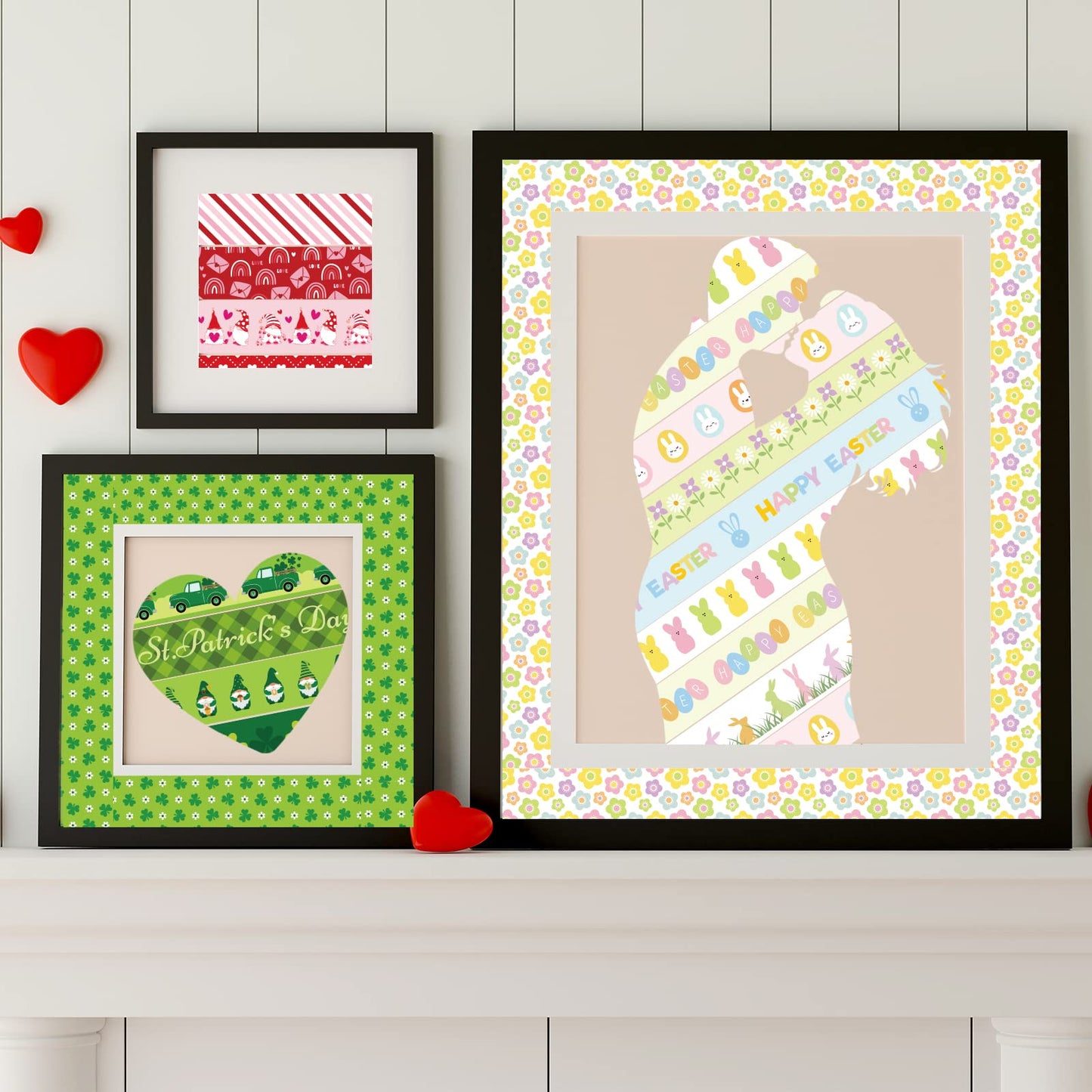 24 Rolls Holiday Washi Tape Set Valentine's Day Red Love Heart Masking Tape St. Patrick's Day Green Clover Happy Easter Decorative Paper Tape Stickers for Scrapbook DIY Craft, 16.4Ft