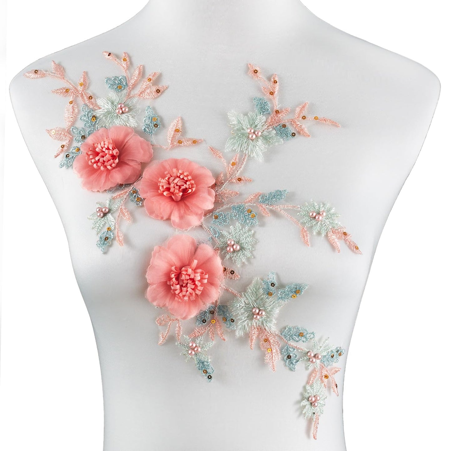 Silvora 3D Embroidered Beaded Pearl Flower Fabric Lace Applique, Handmade Sewing Tool for DIY Wedding Bridal Dress Floral Clothes Patches (Pink-Green)
