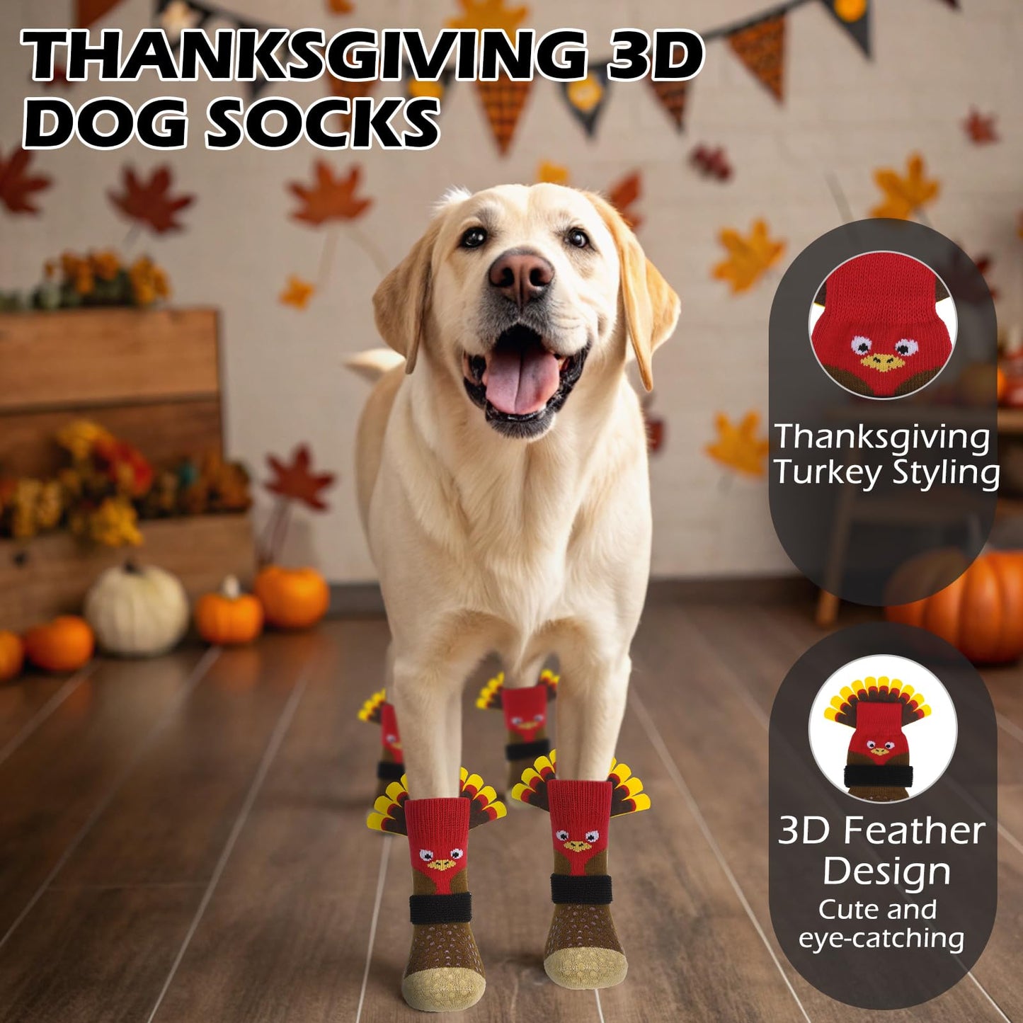 Thanksgiving Anti Slip Dog Socks to Prevent Licking Paws,Boots & Paw Protectors with Grippers,Doggie Booties for Hardwood Floors for Small Medium Large Senior Dogs Lifelike Costume Turkey S