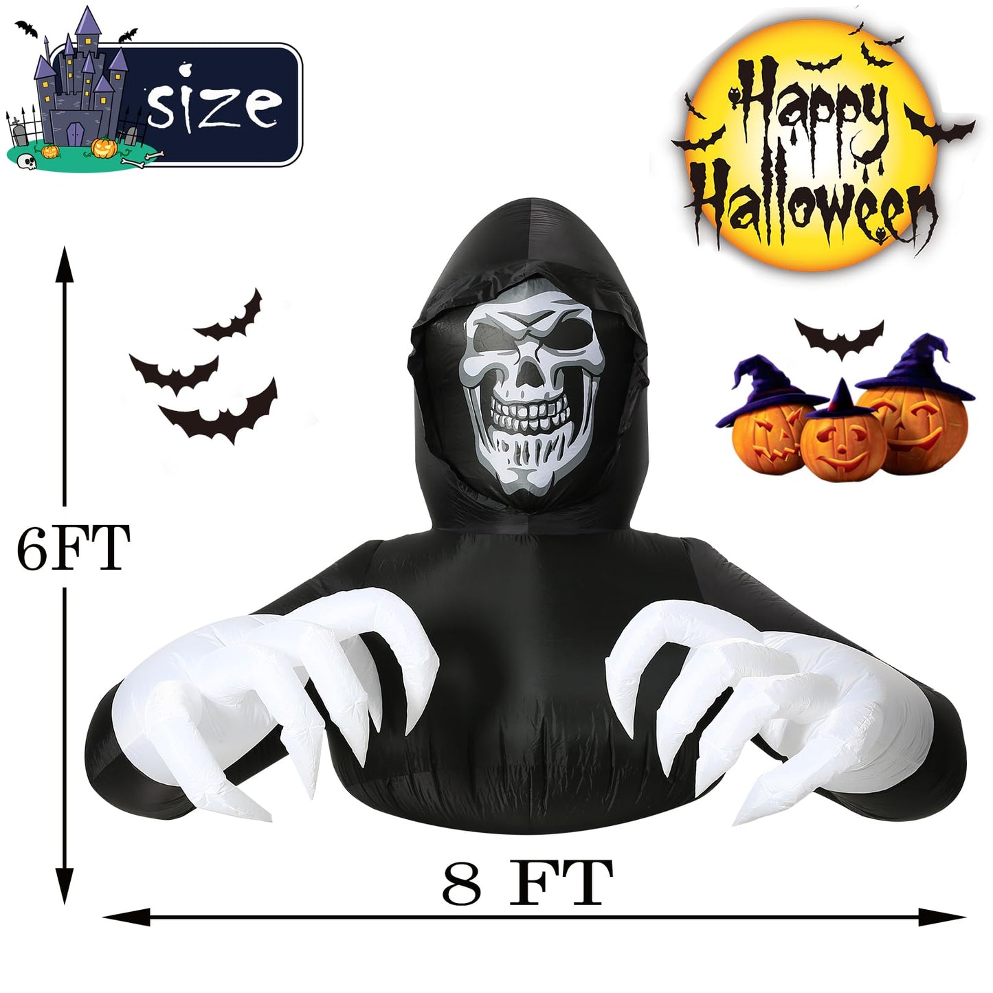 8FT Width Inflatables Grim Reaper Outdoor Halloween Decoration Blow Up for Yard Decorations, Garden, Lawn Black