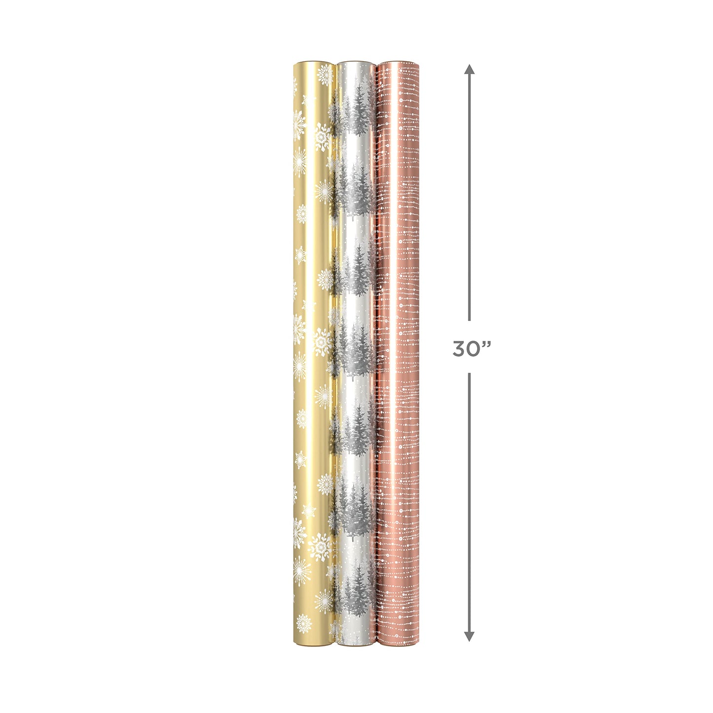 Foil Wrapping Paper with Cut Lines on Reverse (3 Rolls: 60 Sq. Ft. Ttl) Rose Gold, Silver Trees, Gold Snowflakes for Winter Weddings, Graduations, Valentine's Day