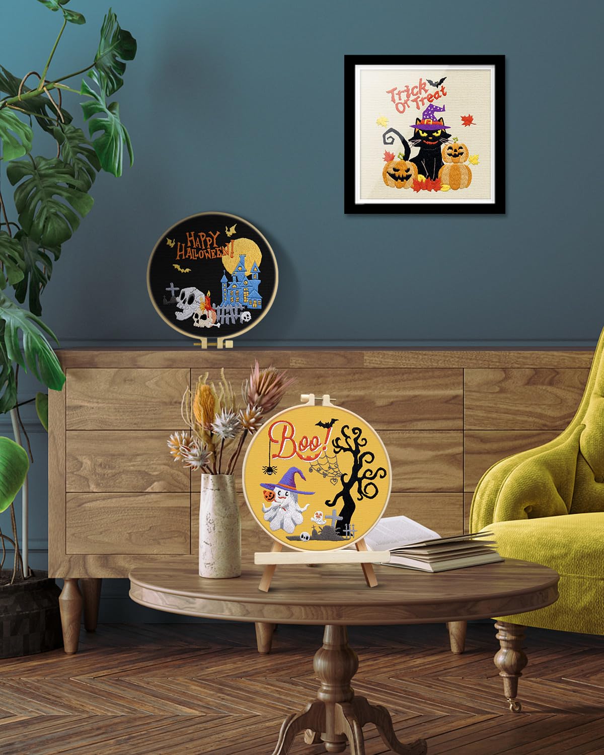 TINDTOP Halloween Embroidery Kit for Adult Beginners, 3 Sets Embroidery Stitch Practice kit Include Embroidery Cloth Hoops Threads for Craft Lover Hand Stitch