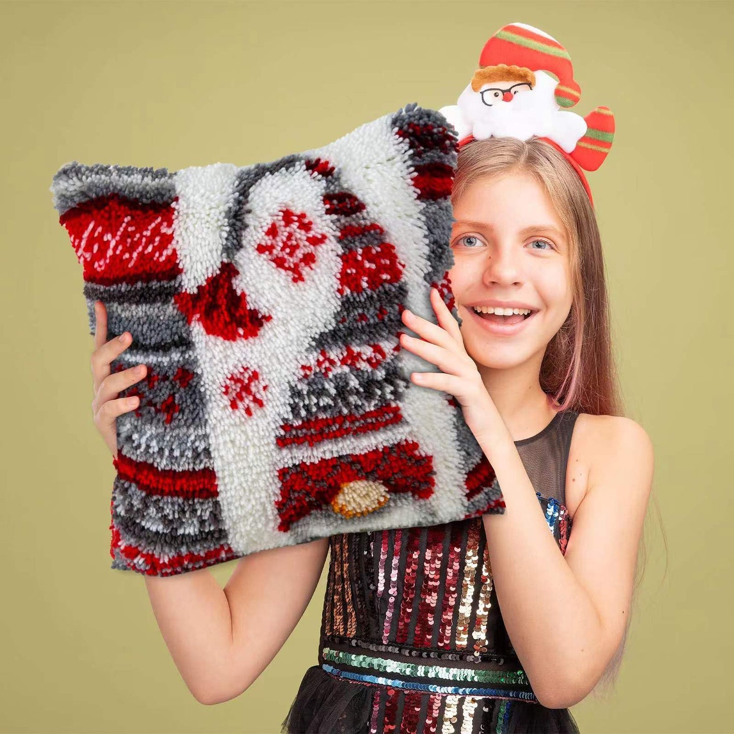 Latch Hook Kits for DIY Throw Pillow Cover,Needlework Cushion Cover Hand Craft Crochet for Great Family 17X17inch Christmas Hat