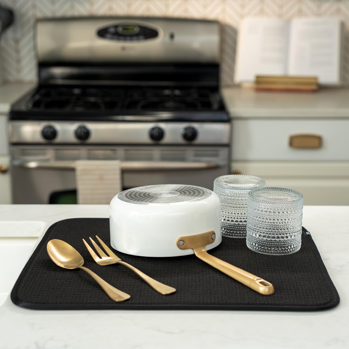 Dish Drying Mat, 16” x 18”, Absorbent Microfiber Kitchen Counter Mat, Dish Drying Pad for Dishes, Utensils, Pots and Pans, Large, Black