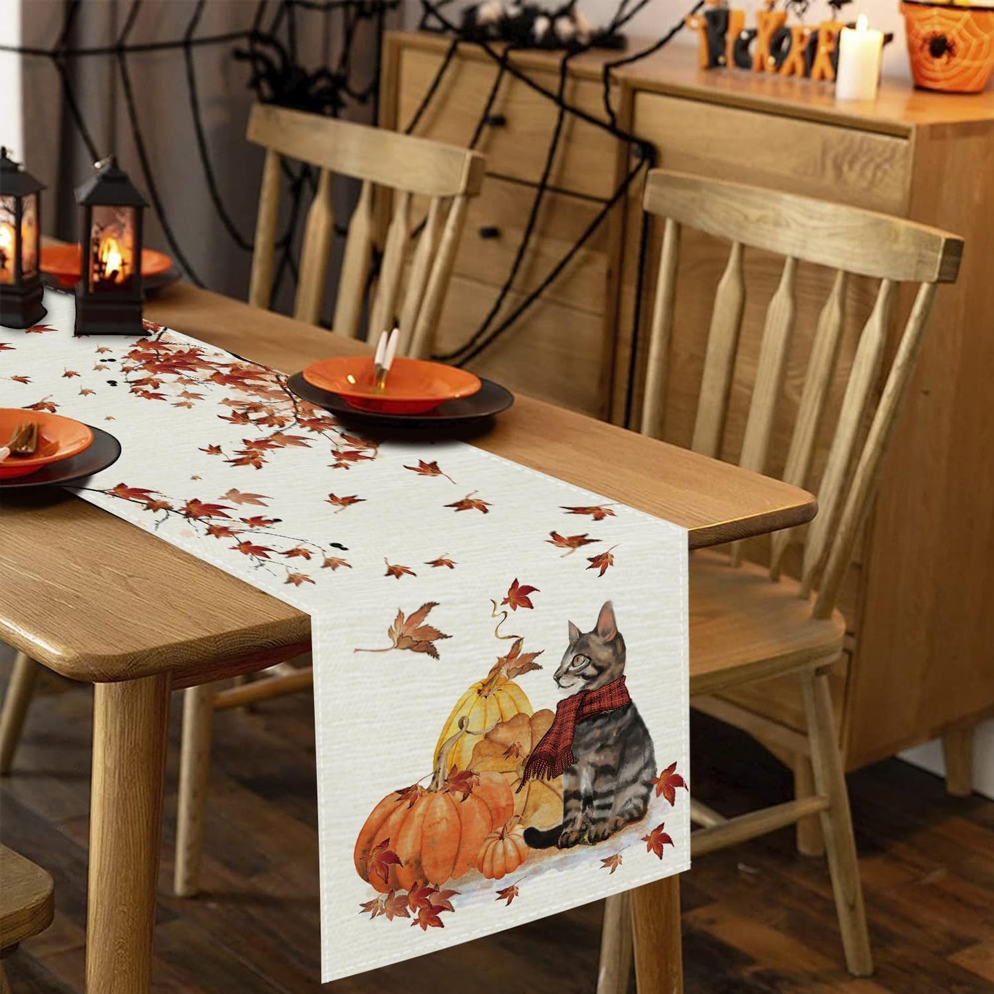 Fall Table Runner Pumpkins Cat Maple Leaf Autumn Harvest Seasonal Thanksgiving Decorations for Home Kitchen Dining Room Party Decor 13 x 48 Inch