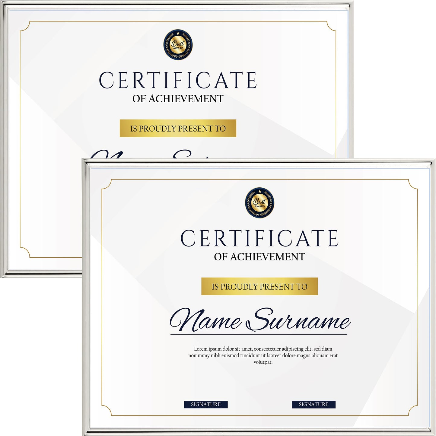 8.5x11'' Silver Metal Certificate Picture Frame with Mat for 7x9'' set of 2, Elegant Narrow Plated metal Ducoment Frames 8.5 x 11'' With Soft Touch Velvet Backing for Desktop