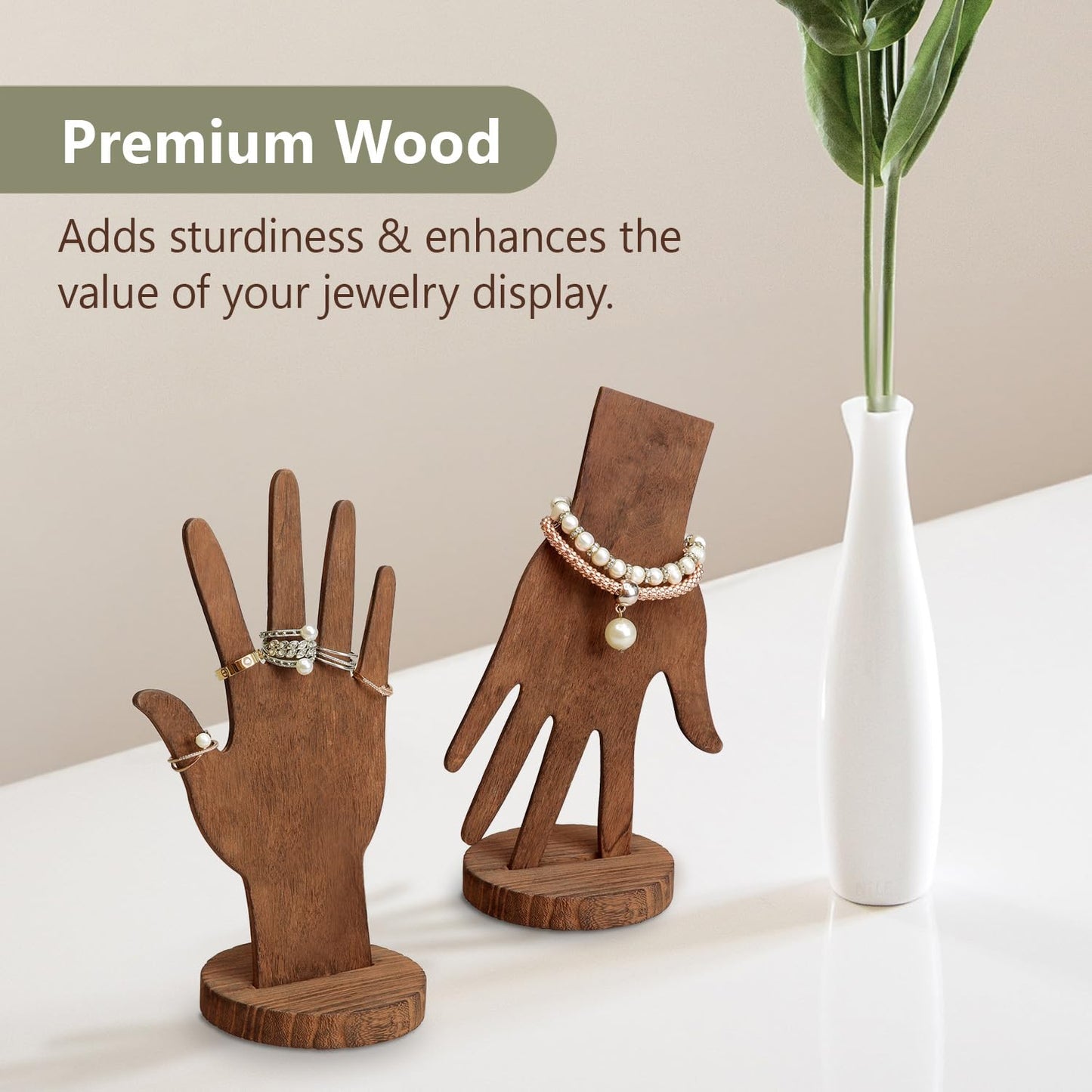 MOOCA 6-Piece Wooden Hand Form Jewelry Display Set - 2-Way Design for Wall Hanging or Standalone Mannequin Finger Hand Display, Brown Color