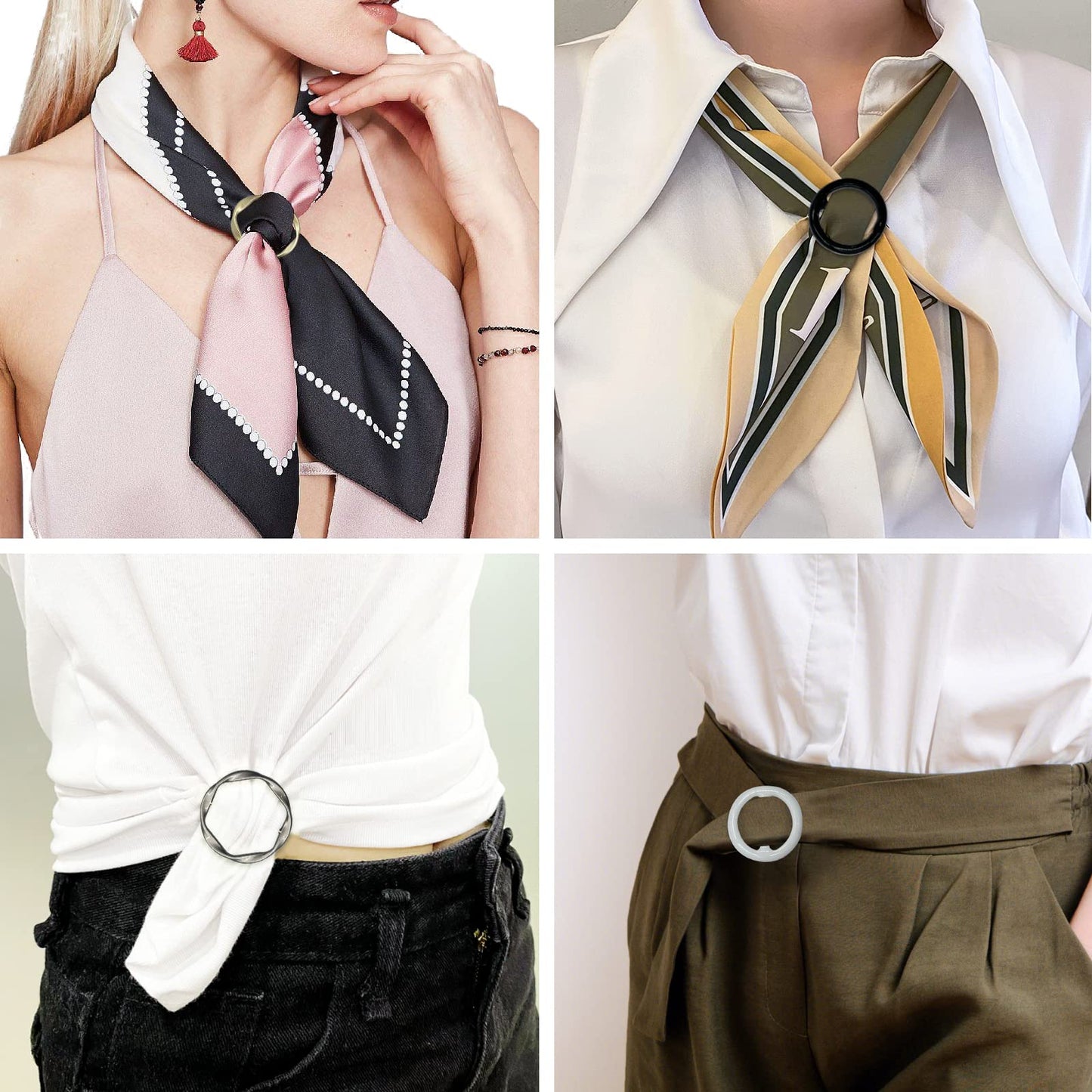 6 PCS Shirt Ties Clips for Women to Tighten Clothing, Scarf Ring and Slides, T-Shirt Waist Tightener Cincher Knot Clip Rings for Large Long Tee Shirt Tie Up, Circle Belt Buckle