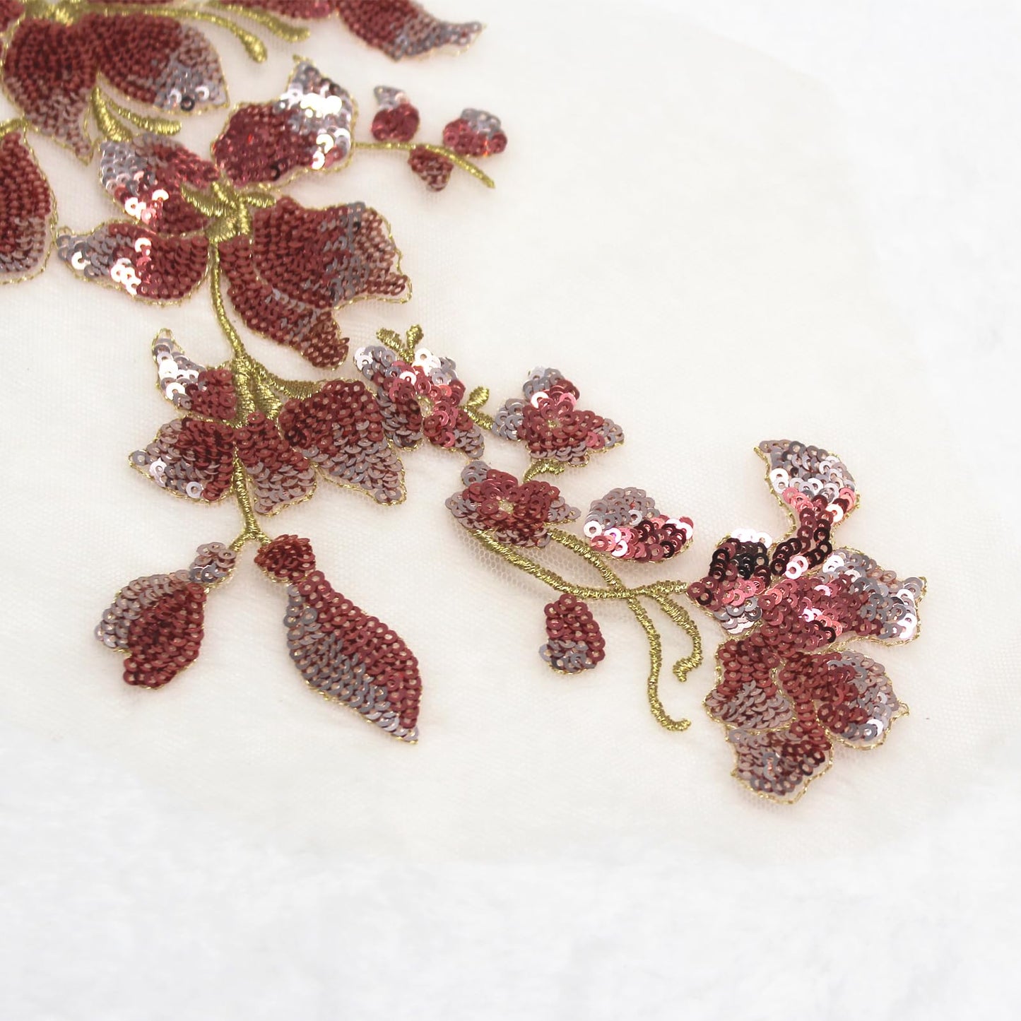 SUNMOVE Embroidery Sequin Lace Applique Sewing Flower Fabric Collar Patch for Wedding Gown Dress Bridal DIY Crafts(Orange Red