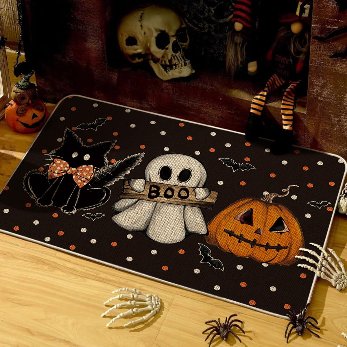 Artoid Mode Black Cat Jack-O'-Lantern Ghost Pumpkins Halloween Doormat, Seasonal Low-Profile Floor Switch Mat for Indoor Outdoor 24x35 Inch