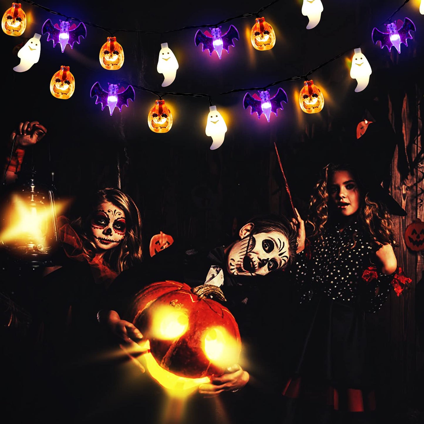 Mosoan Halloween String Lights Battery Operated 20 Feet 30 LED 3D Pumpkin Bat Ghost Lights with Timer - 8 Light Modes Halloween Decorations Lights Indoor Outdoor Cute Halloween Party Decor (Upgrade)