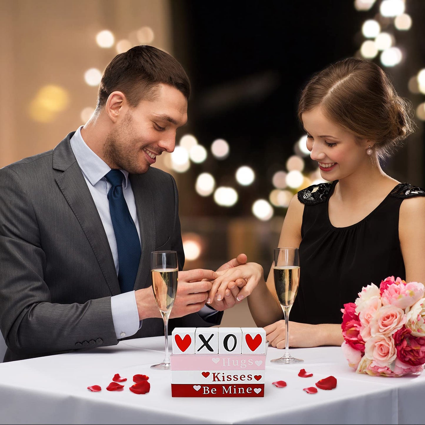 Valentines Day Decor, Wooden Book Stack with 4 XOXO Signs - Valentines Day Decorations for The Home, Tiered Tray, Coffee Table, Fireplace Mantel, Shelf