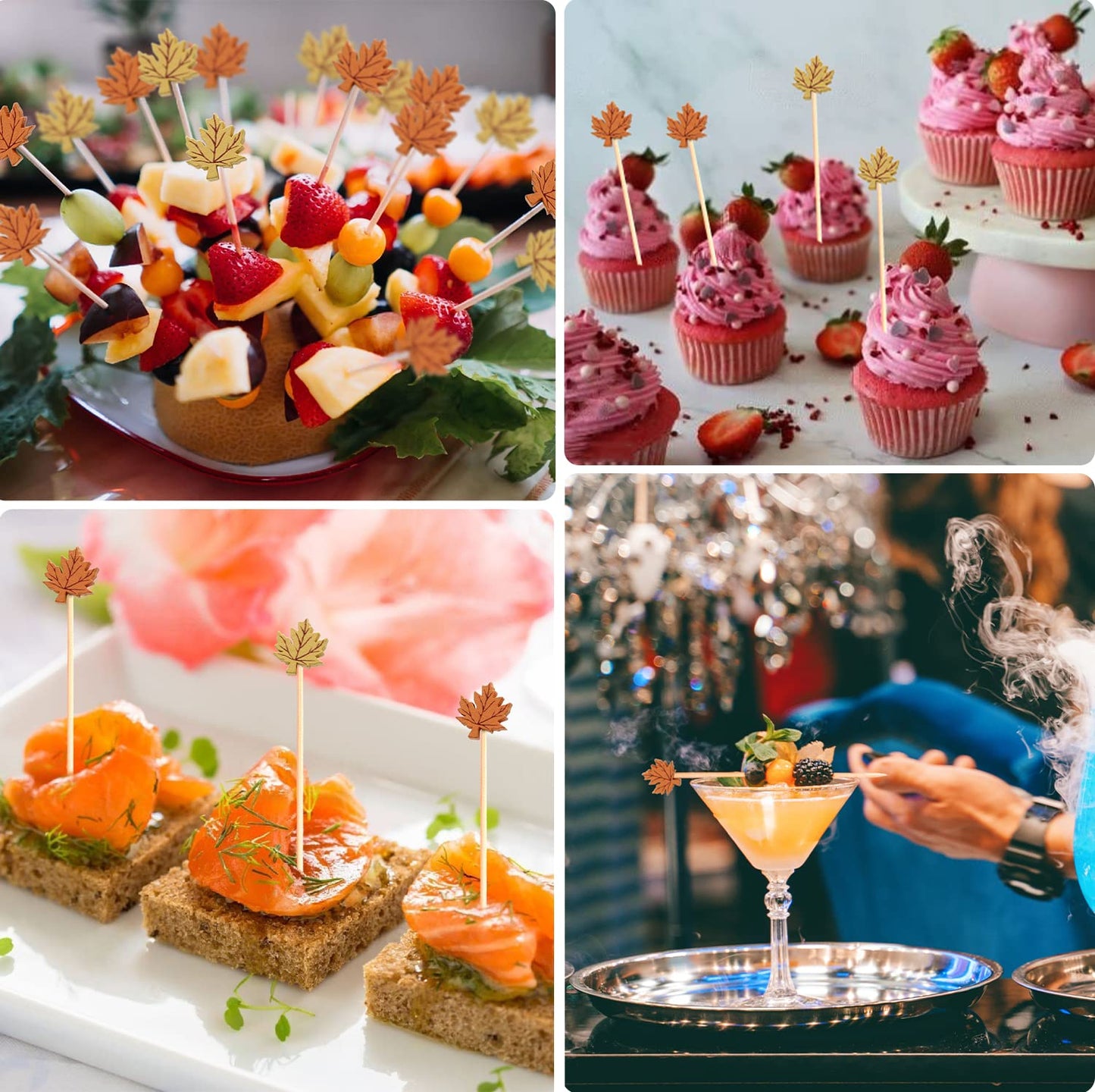 100pcs Maple Leaf Fall Cocktail Picks Long Food Toothpicks Fruit Sticks Sandwich Appetizer Charcuterie Skewers, Made of Bamboo Wood, for Autumn Themed Party Decoration Supplies (Maple Leaves)