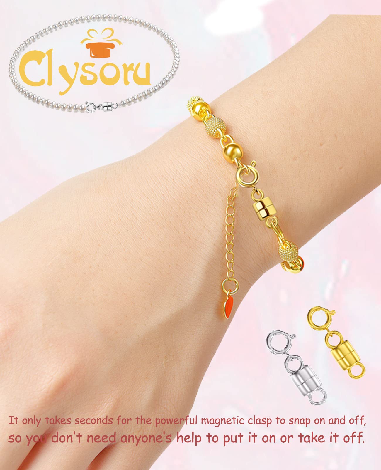 Clysoru Magnetic Necklace Clasps and Closures 14k Gold and Silver Beads Chain Extender Necklaces Bracelet Safety Magnetic Locking Jewelry Clasp Converter（3 Gold+3 Silver)