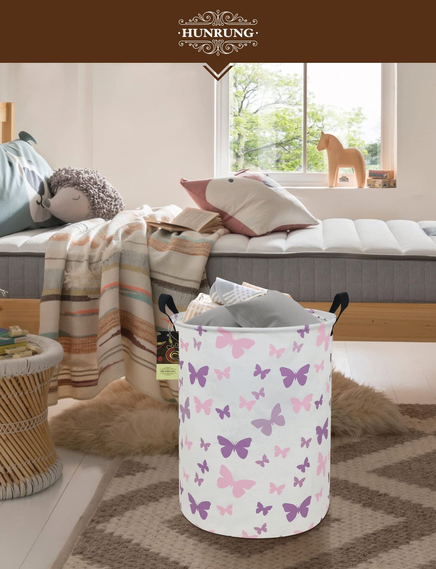 Laundry Hamper,Large Canvas Fabric Lightweight Storage Basket Toy Organizer Dirty Clothes Collapsible Waterproof for College Dorms（Round-Butterfly）