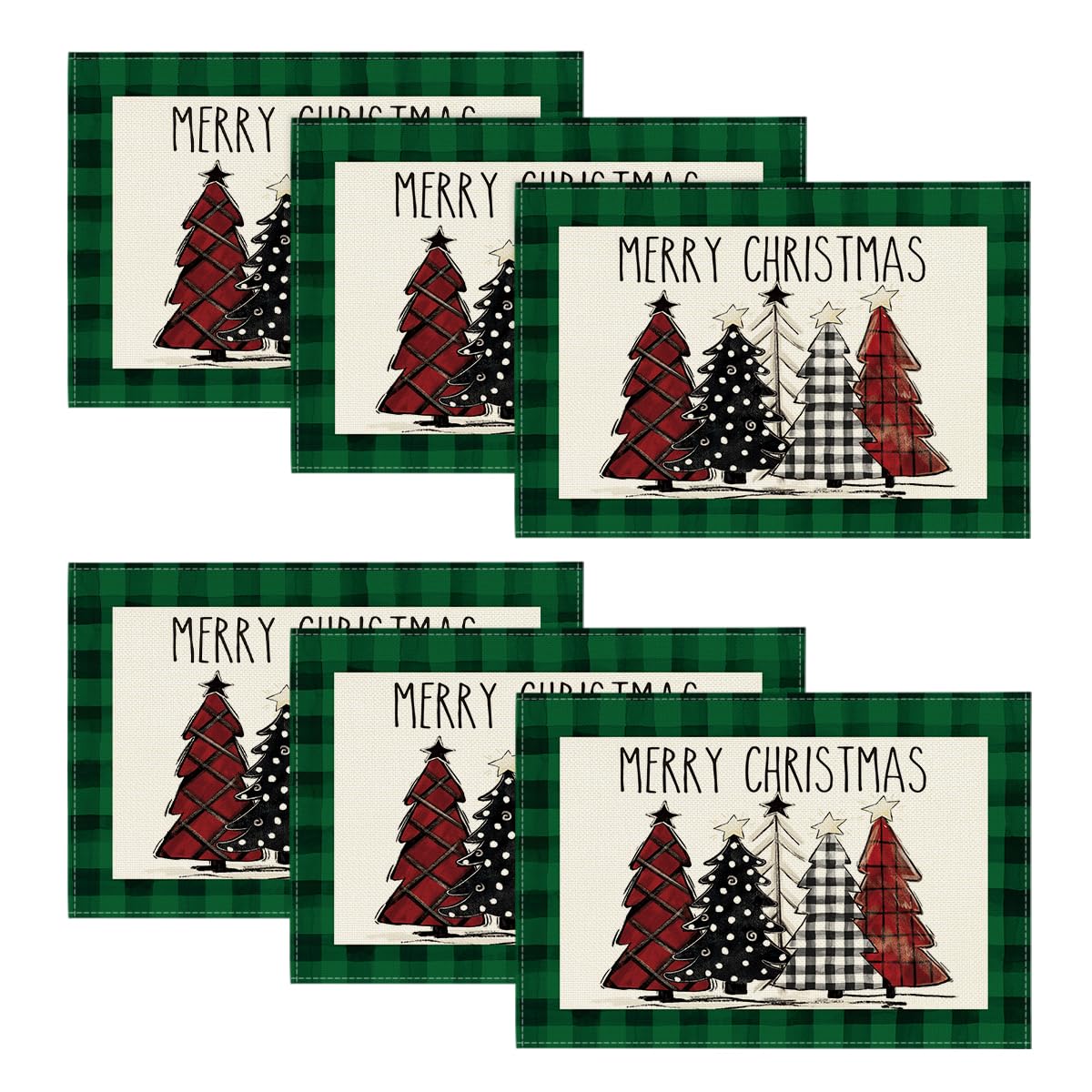 Artoid Mode Waterclor Green Buffalo Plaid Christmas Trees Placemats Set of 6, 12x18 Inch Winter Table Mats for Outdoor Home Party Kitchen Dining Decor