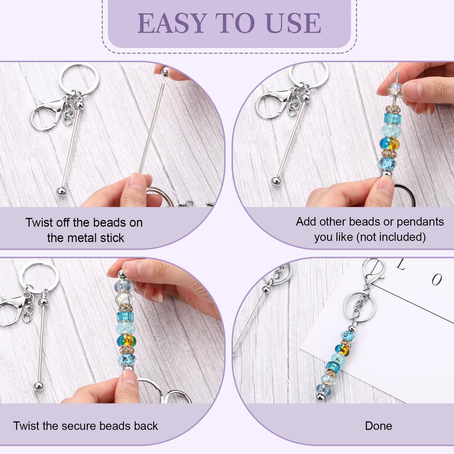 Tondiamo 24 Pcs Beadable Keychain Bars Bulk Beads for Keychain Making Kit Gifts for Women Men DIY Crafts(Silver)