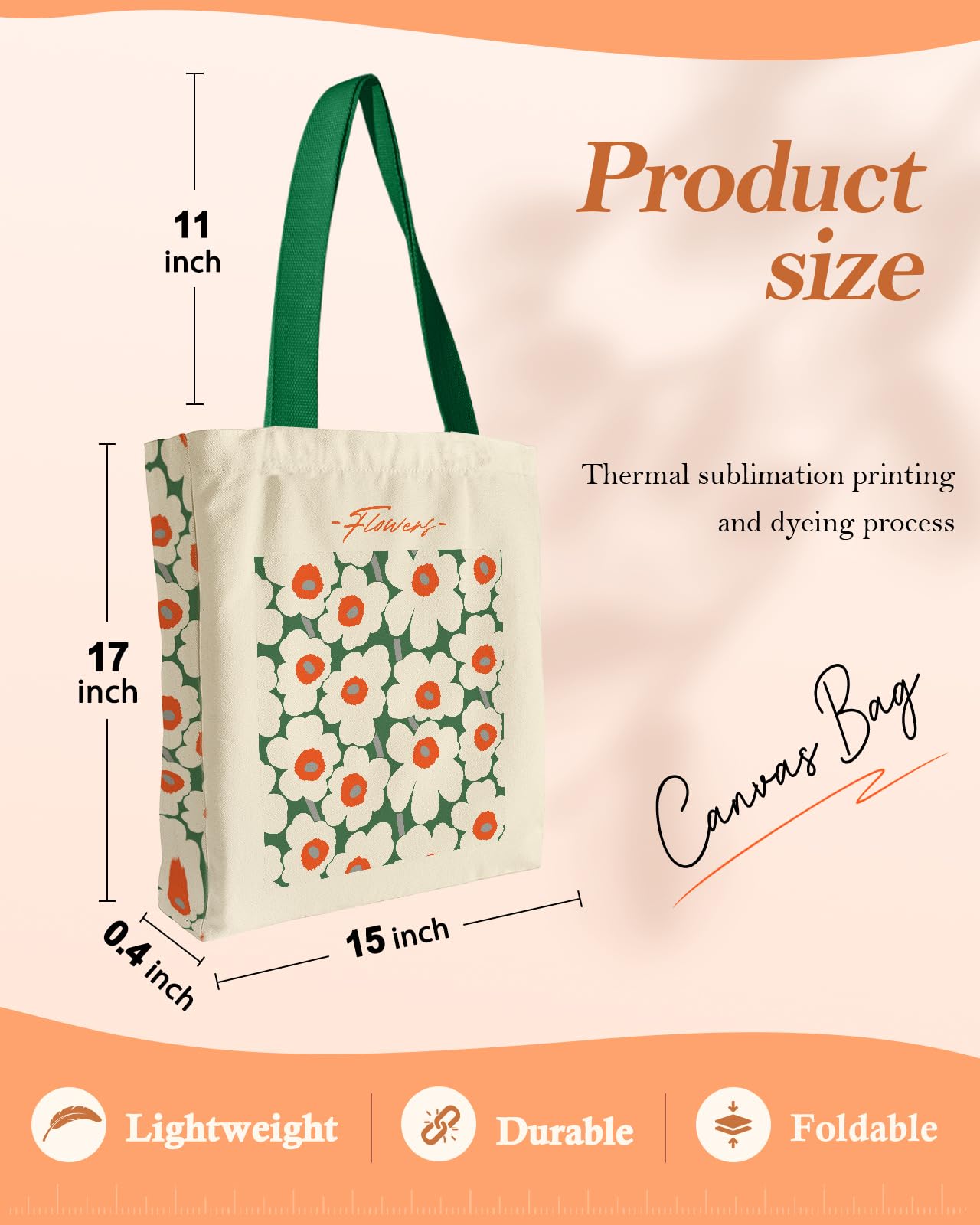 Miss Adola Aesthetic Heavy Canvas Tote Bag - with Pocket for Women Large Cloth Cotton Tote Bag for Shopping, Gym, Work, Travel, Beach, Vacation, Green White Flower