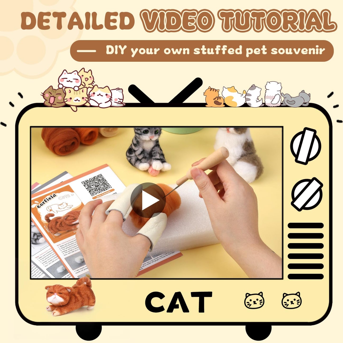 Needle Felting Kit, 3 PCS Cat Animal Needle Felting Beginner Kits Wool Felt Needle Felting Tools with Instruction for DIY Craft Animal Home Decoration