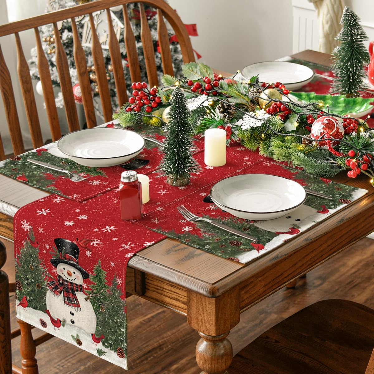 Snowman Cardinals Trees Christmas Placemats for Dining Table, 12 x 18 Inch Seasonal Winter Birds Xmas Holiday Rustic Vintage Thanksgiving Washable Table Mats Set of 4