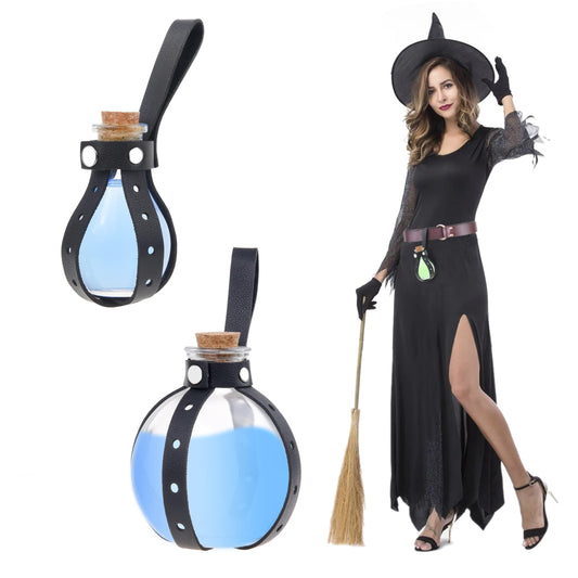 Eco-Fused Cosplay Potion Bottle 2x (Big/Small) - Clear Spherical Cosplay, Wizard, Witch Costume Accessory - Incl. Cork Stopper, Black Faux Leather Sleeve Holder, Belt Loop