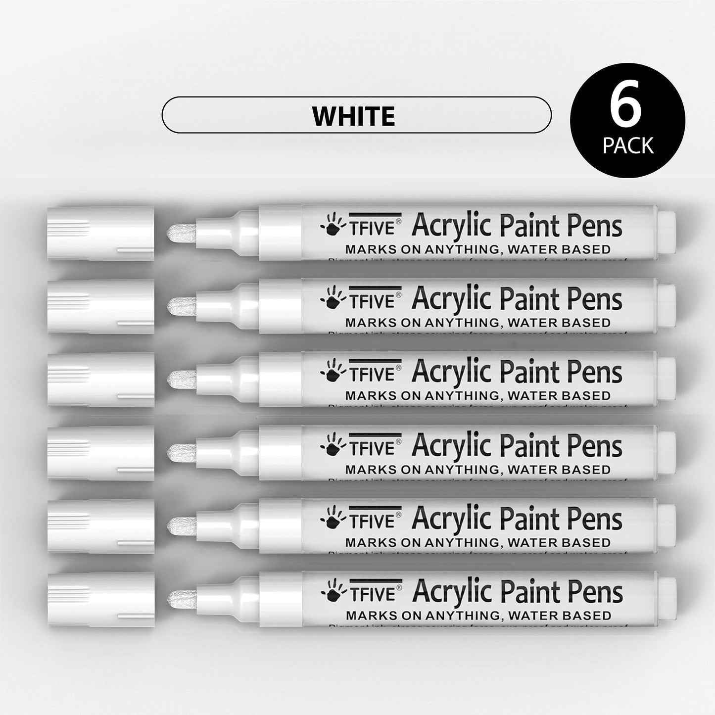 White Acrylic Paint Marker Pens - 2-3mm Medium Tip, 6 Pack Permanent White Water Based Paint Pen for DIY Projects, Paintings for Rock, Fabric, Wood, Leather, Metal, Ceramics, Paper, Glass, Plastic
