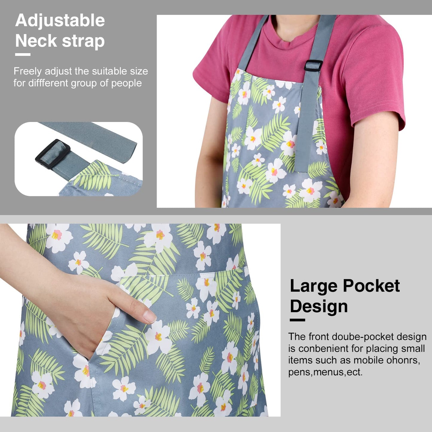 BOUMUSOE 3 Pack Floral Aprons with Pocket, Blooming Womens Aprons Waterproof Adjustable Cooking Aprons for Kitchen Gardening and Salon