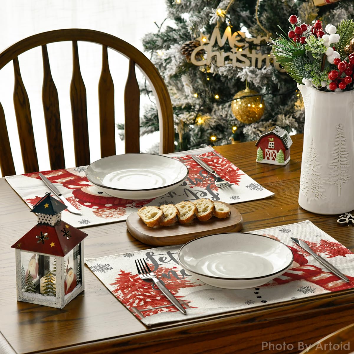 Red Snowman Let It Snow Xmas Tree Merry Christmas Placemats for Dining Table, 12 x 18 Inch Seasonal Winter Washable Table Mats Set of 4