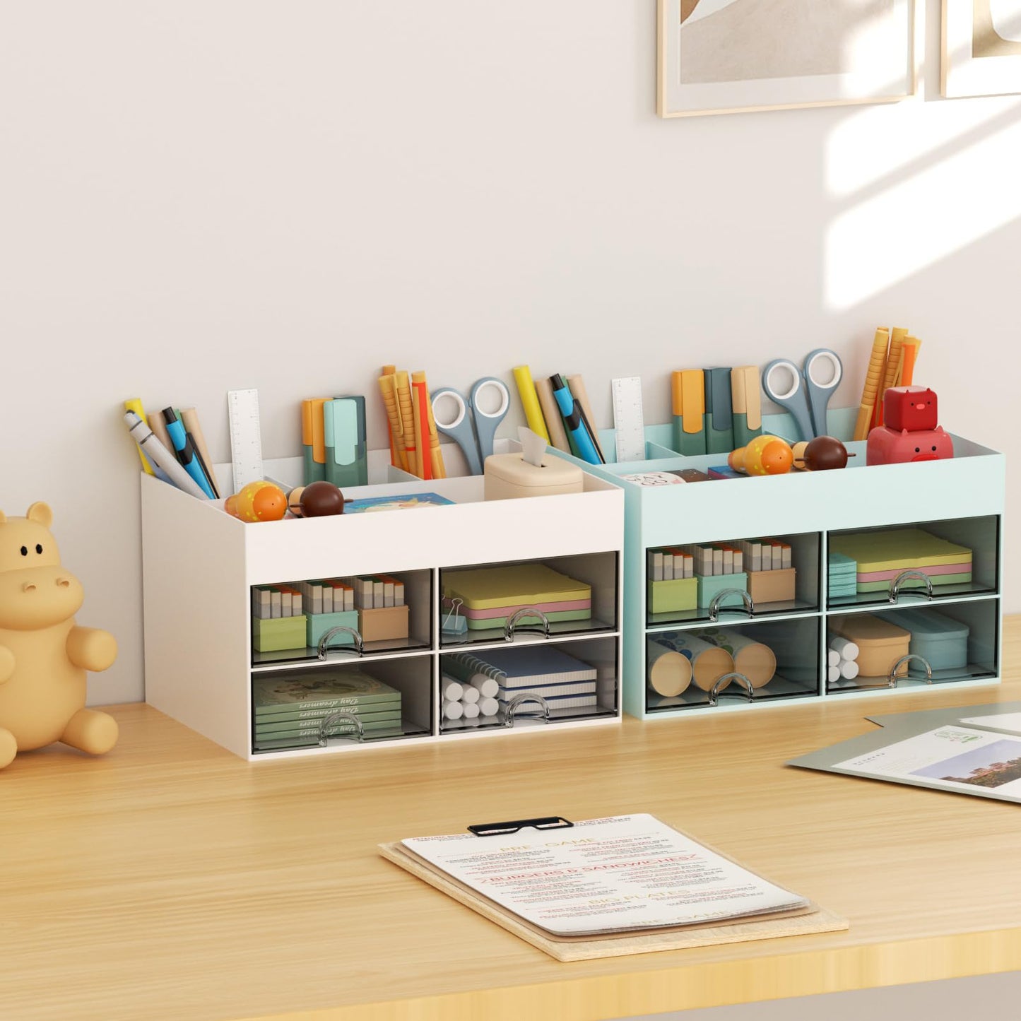 Pen Organizer with 4 Drawer, Multi-Functional Pencil Holder for Desk, Desk Organizers and Accessories with 4 Compartments + Drawer for Office Art Supplies (White)