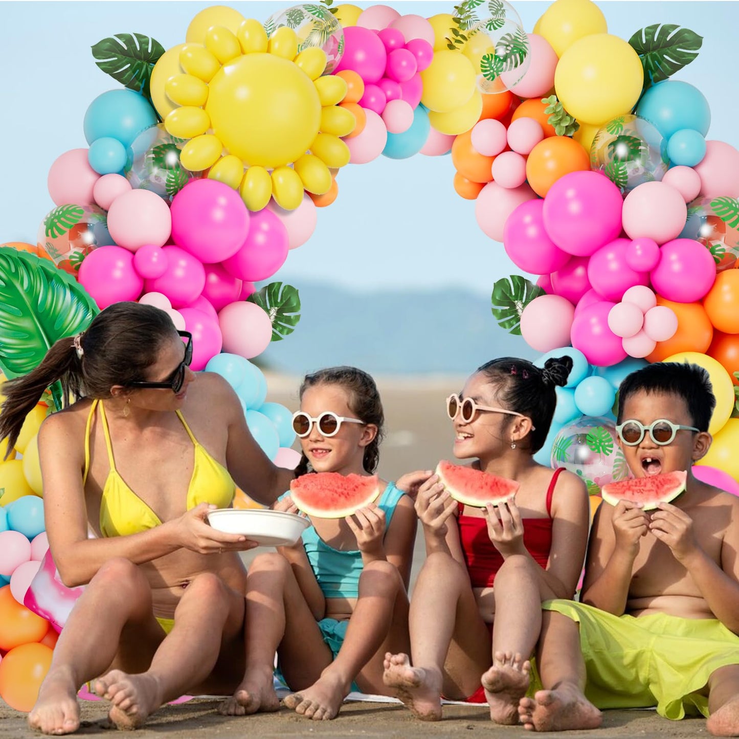 DBKL Tropical Balloon Arch Garland Kit, Luau Hawaiian Party Decorations, Rose Orange Yellow Blue Green Palm Leaves Balloons for Tropical Hawaiian Summer Birthday Pool Party Supplies