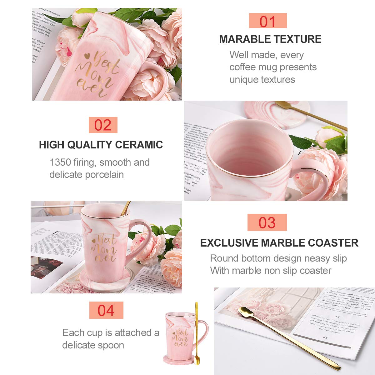 YHRJWN Mothers Day Gifts for Mom, Best Mom Ever Coffee Mug, Mom Mothers Day Gifts from Daughter Son, Moms Gift Idea for Birthday, Valentines Day, Present for Moms Mothers, 14 Oz Pink