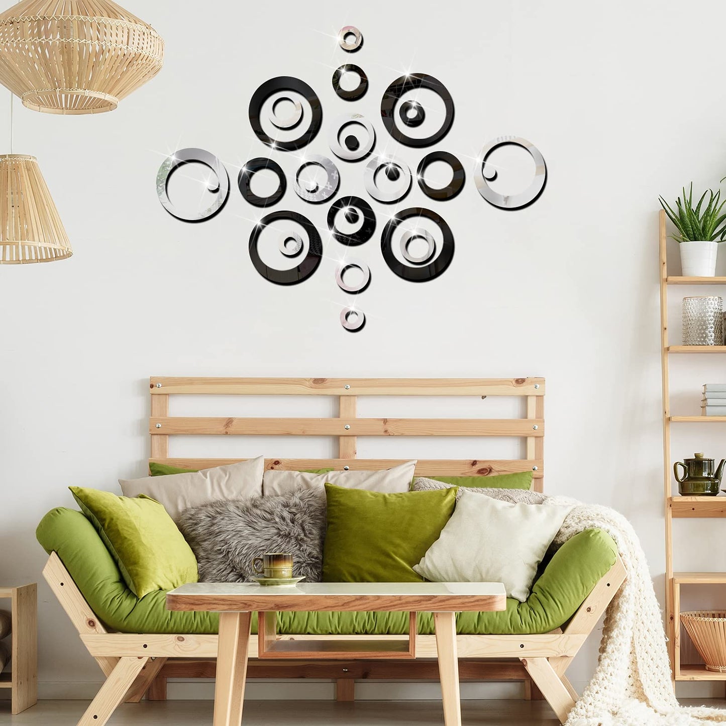 Outus 72 Pieces Wall Stickers Acrylic Circle Mirror Removable Round Dots Mirror Wall Decoration Wall Decals Murals for Home Living Room Bedroom Decor(Silver, Black)