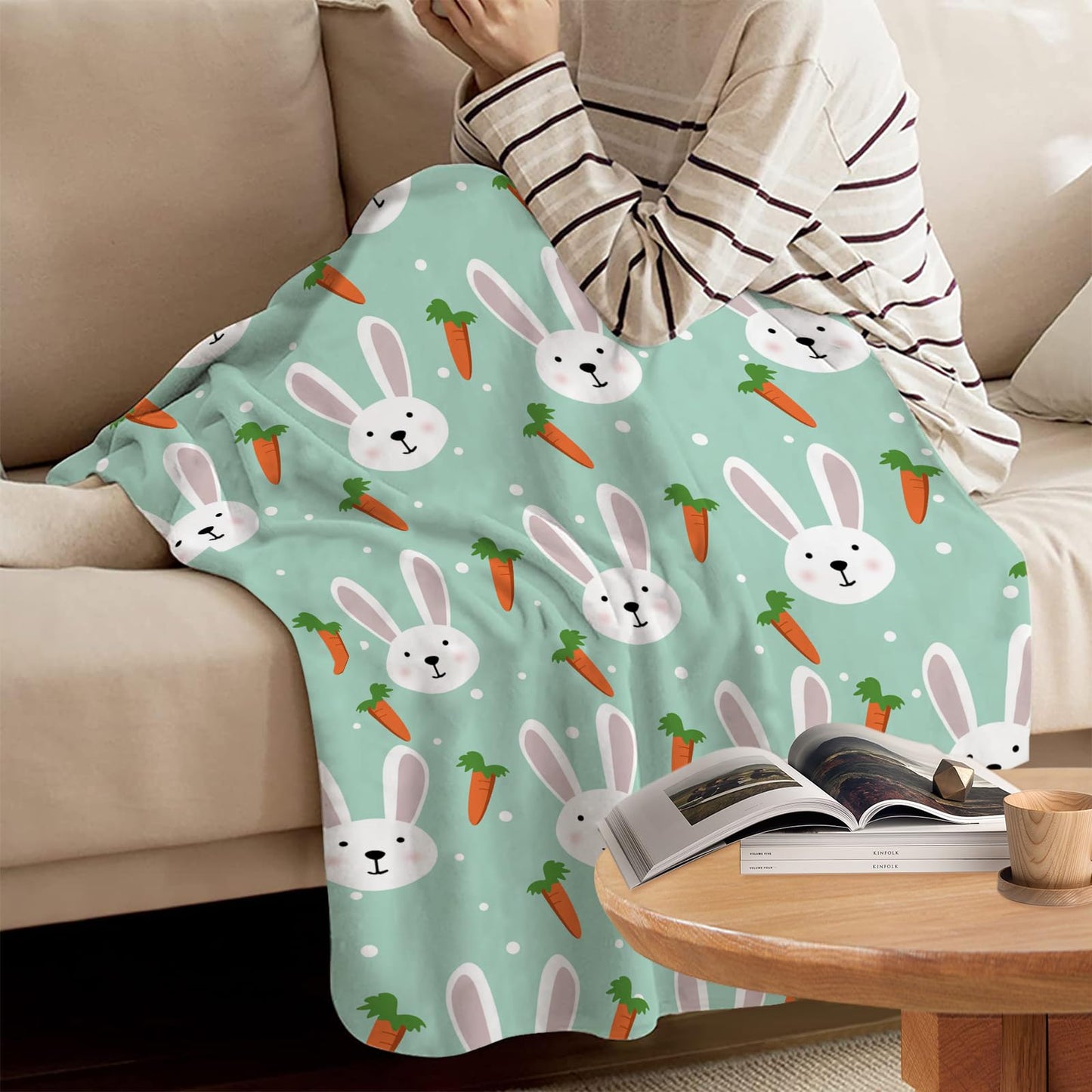 Easter Day Rabbit and Carrot Pattern Throw Blanket Soft Warm Cozy Lightweight Decorative Blanket for Couch, Bed, Sofa, Travel 40x50 inch