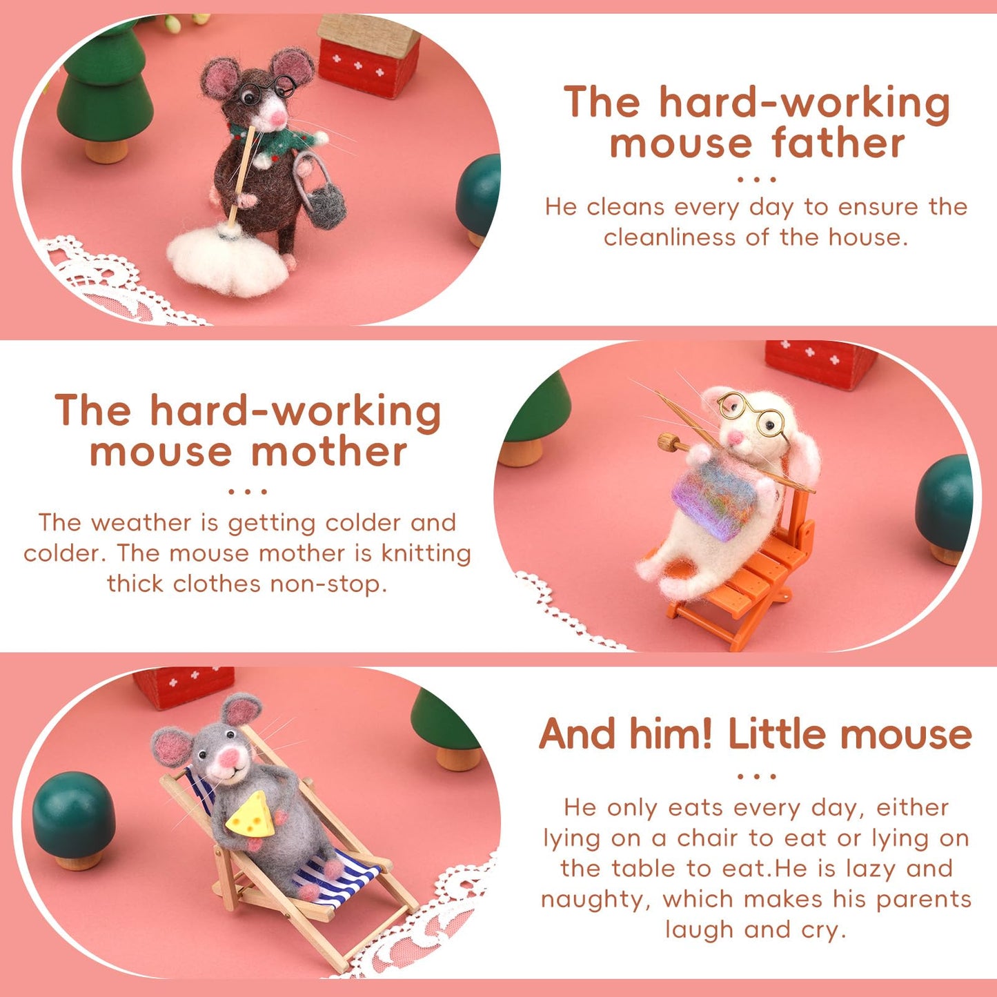 Mouse Family Needle Felting Kit,Needle Felting Starter Kit, Mice Felting Kit for Beginner Adults with Felting Supplies and Instructions for DIY Felting