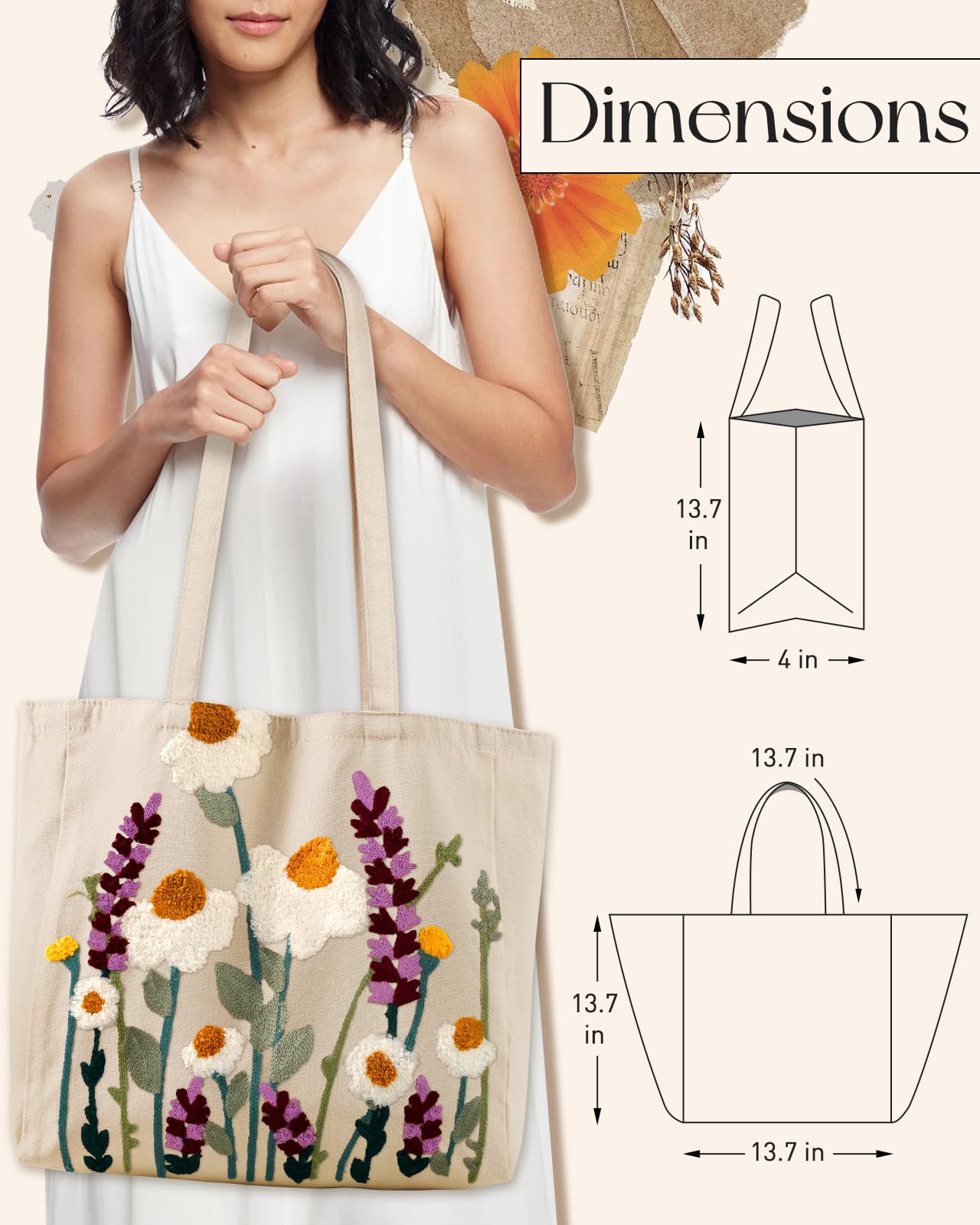 Miss Adola Aesthetic Embroidery Tote Bag for Women - Reusable Canvas Cloth Shoulder Bag with Cute 3d Wildflower Embroidered Designer Shopping Bag for Grocery, Work, Book, Vacation