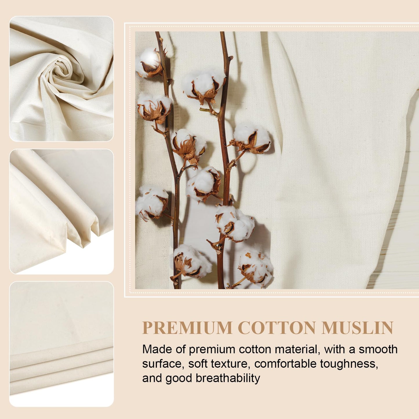 100% Cotton Muslin Fabric, 63 Inch X 2 Yards Unbleached Muslin Linen Fabric by The Yard, Medium Weight Draping Fabrics Suitable for Sewing Embroidery, Garments, Crafts Material-Natural