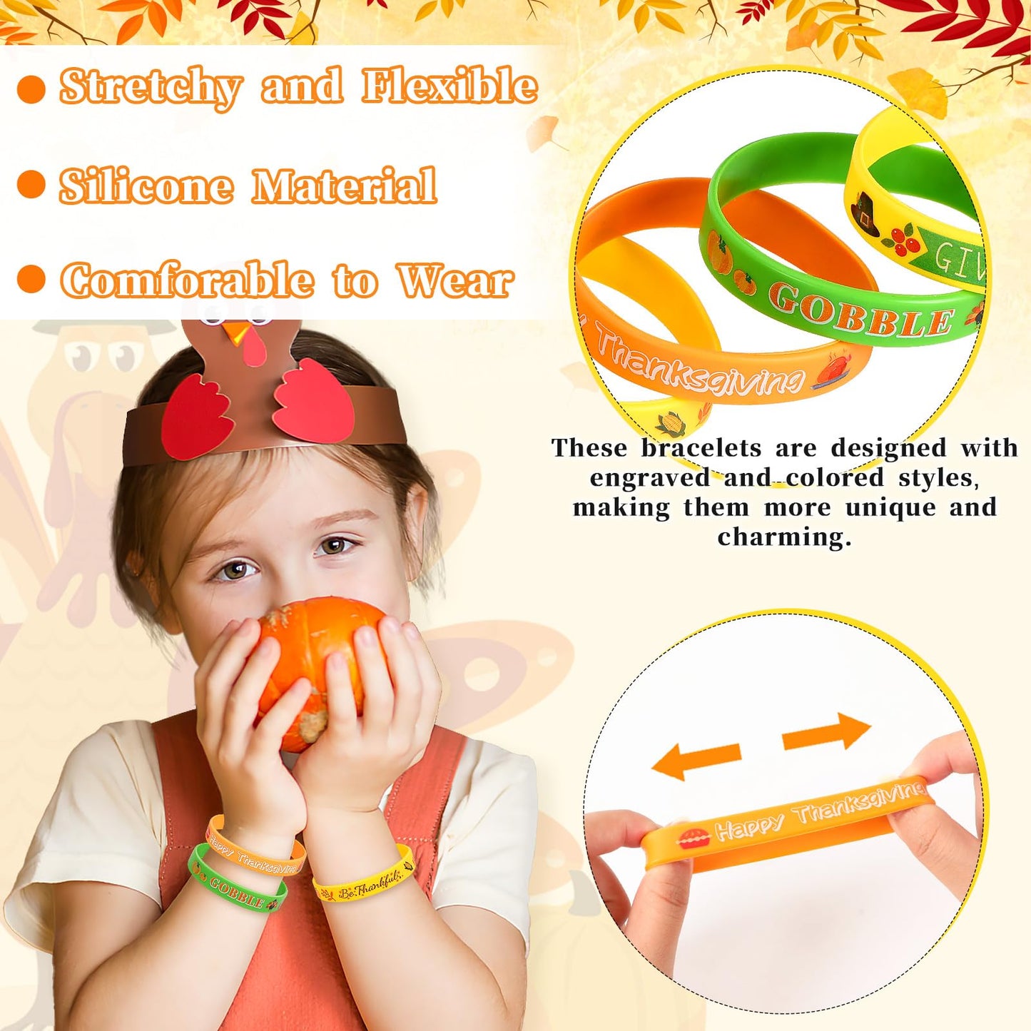24Pcs Thanksgiving Silicone Bracelets Rubber Wristbands Fall Party Favors for Kids Decorations for Autumn Thanksgiving Party Kids Stuffers Filler Accessories Gifts Supplies