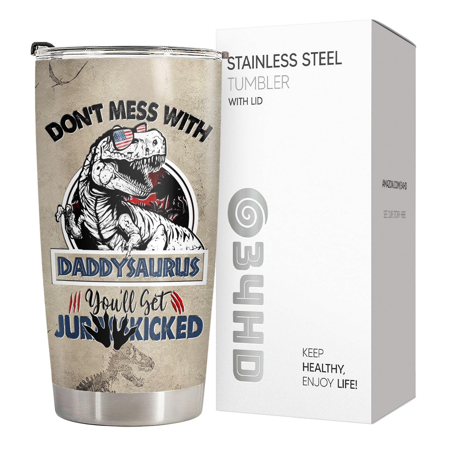 34HD Fathers Day Dad Gifts from Daughter, Dinosaur Dadasaurus Insulated Travel Cup, Don't Mess With Daddysaurus 20oz Tumbler, Funny Jurasskicked Present for Husband & Daddy Papa Stepdad