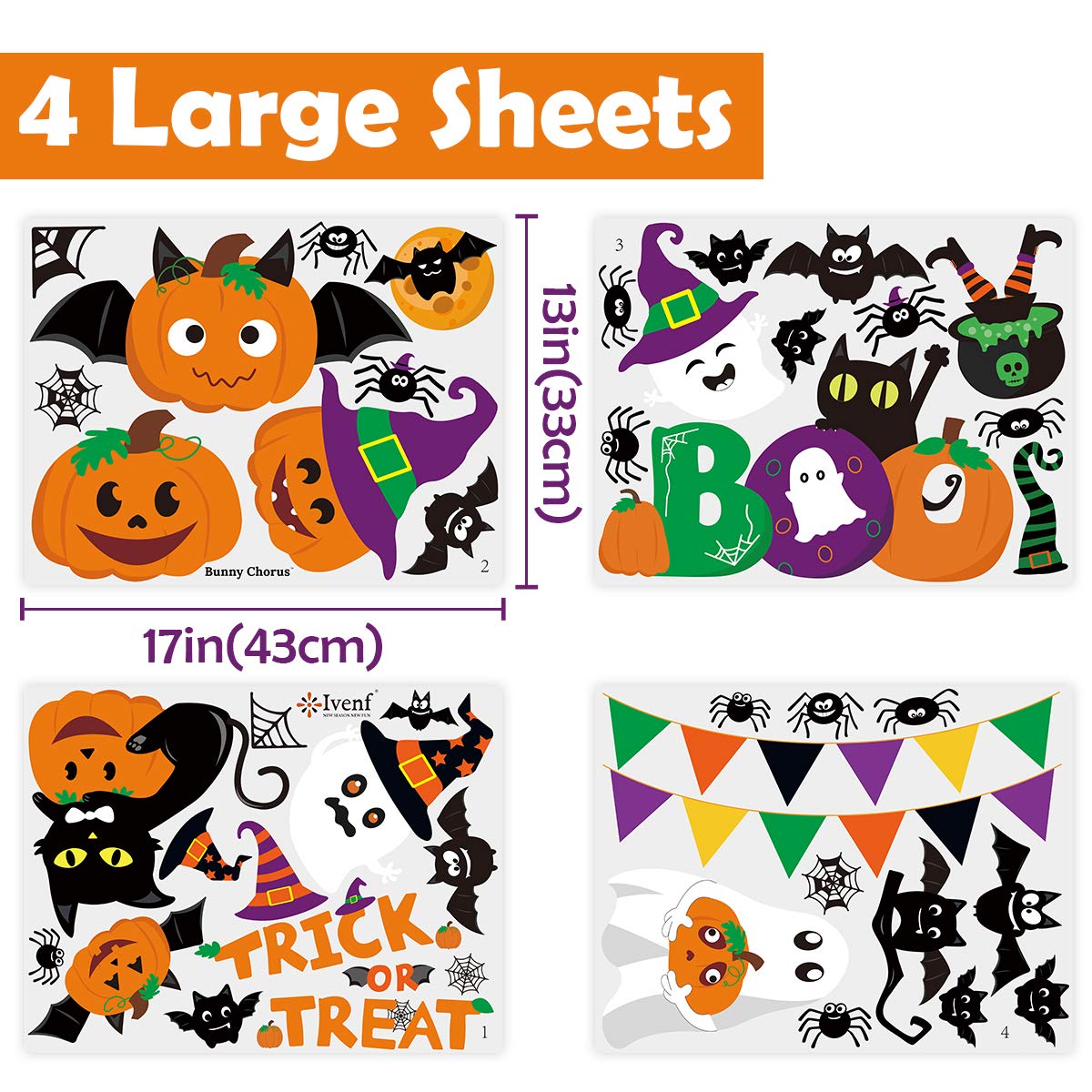 Ivenf Halloween Decorations Indoor Window Clings Decor, Large Cute Pumpkin Ghost Black Cat Bat Trick or Treat Window Decals for Glass Windows, Kids School Home Office Party Window Stickers, 4 Sheets