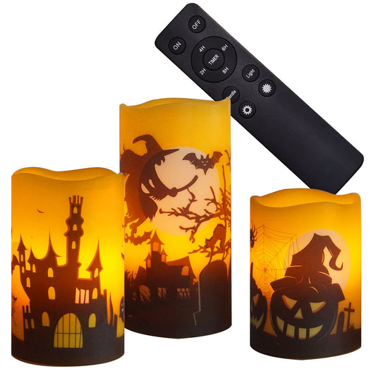 CANDLE CHOICE Halloween Flameless Candles with Remote Timer Real Wax Realistic Flickering Battery Operated LED Pillars with Decals Pumpkin Castle Bat Spider Witch for Halloween Party Decorations 3 PCS