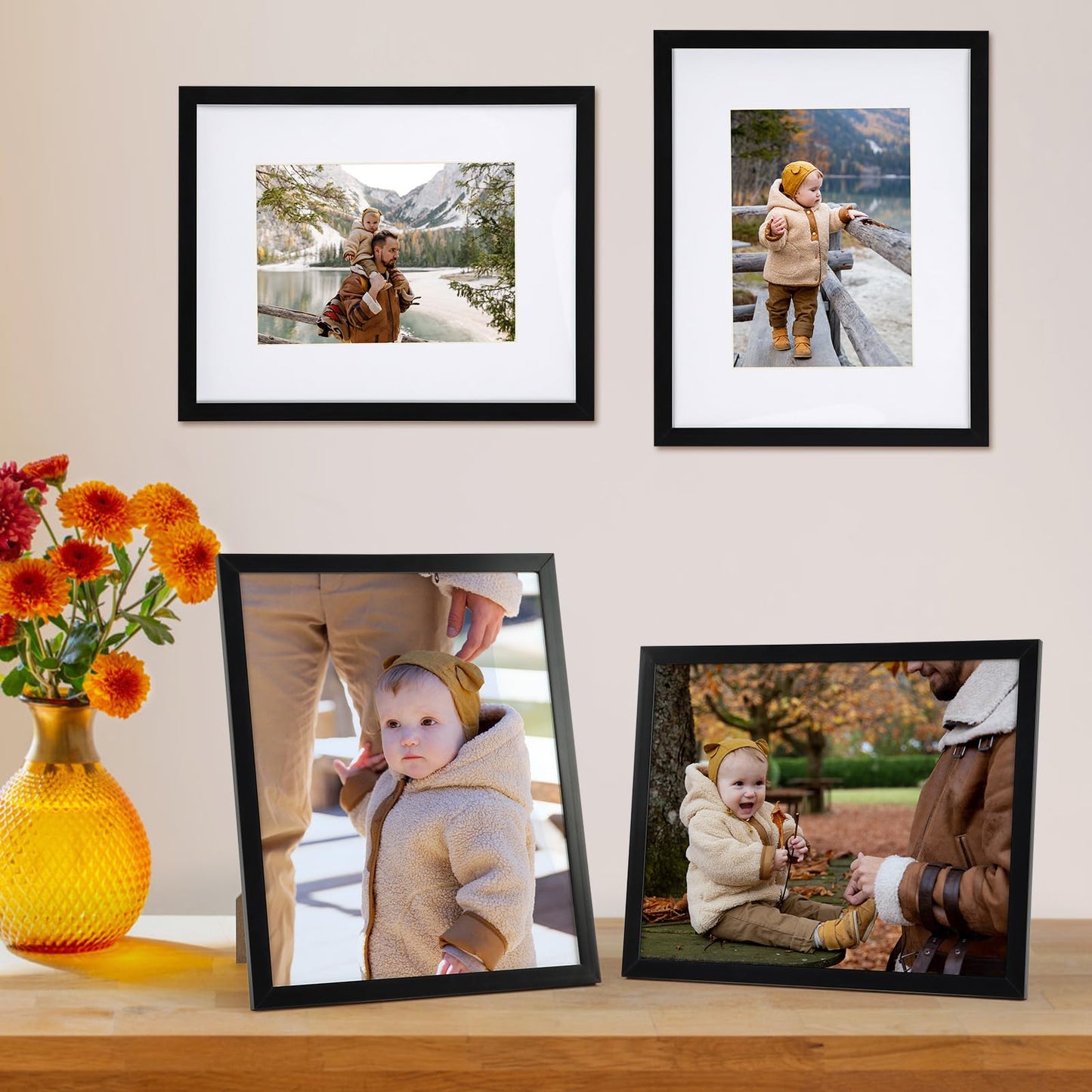 8x10 Black Picture Frame Set of 10, Bulk Collage Frames for Photos 5x7 with Mat or 8x10 without Mat, Table Top and Wall Mounting Decor