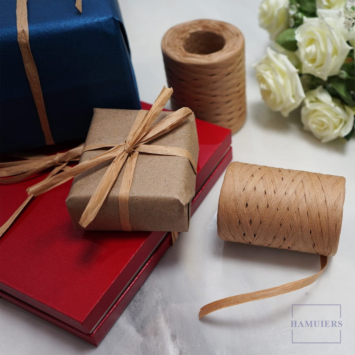 HAMUIERS Raffia Ribbon for Gift Wrapping, Packing Paper Twine String, Craft Ribbon for Crochet - 1/4'' Wide, 109 Yards