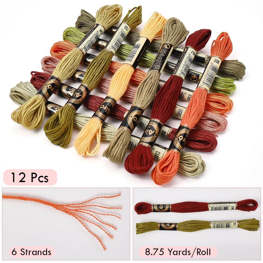 12 Skeins 105 Yards Embroidery Floss Thread Bulk Variegated Floss 6 Strands Green Orange Friendship Bracelet String Cross Stitch Threads for Jewelry Making Bracelet Stitching Craft Supply