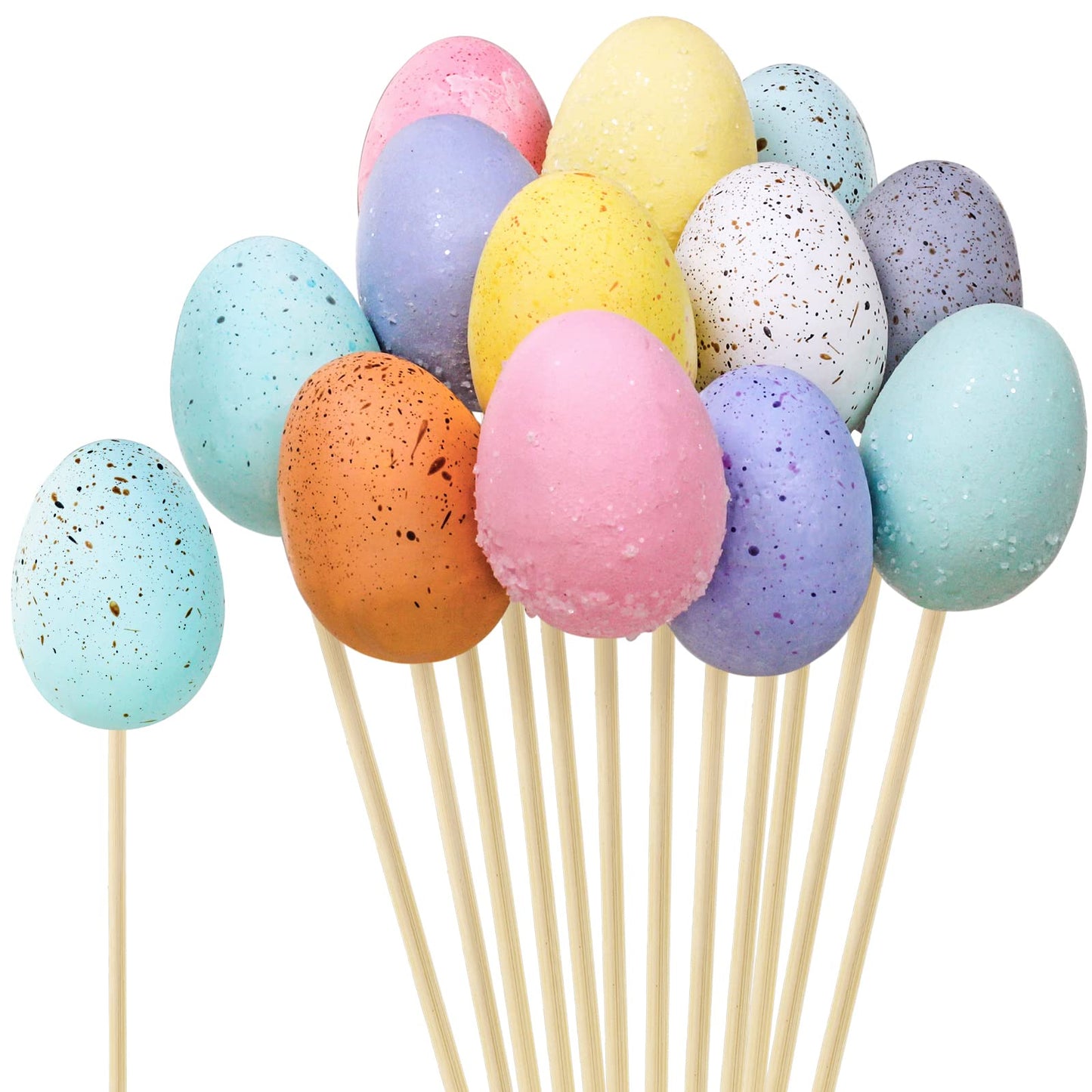 12 Pcs Easter Picks Faux Foam Easter Egg Picks Decorative Pastel Speckled Easter Egg Stems 10.6" Tall for Spring Easter Basket Bouquets Floral Arrangement Centerpiece Wreath