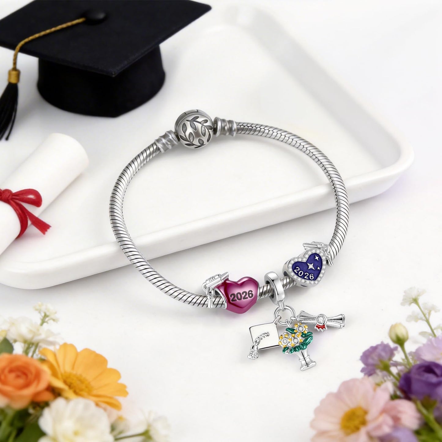 SEVENWELL 2026 Graduation Cap Charm - Heart Bead for Pandora Bracelets & Necklaces - Commemorative Milestone Jewelry Gift for Daughter, Granddaughter, Class of 2026