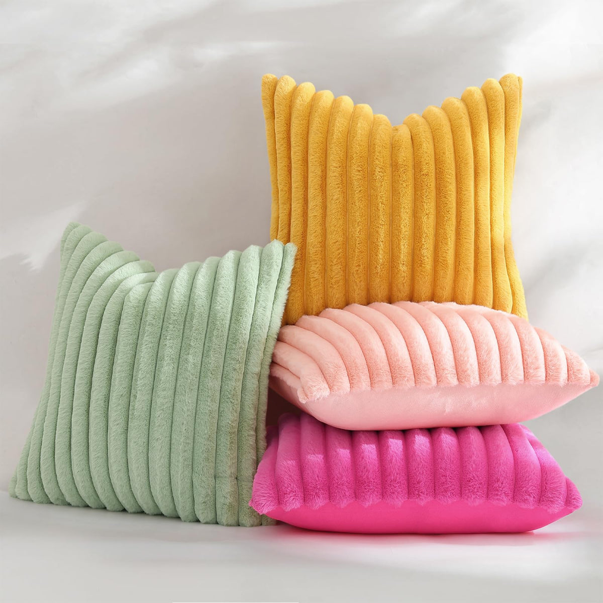 decorUhome Fall Cozy Faux Fur Throw Pillow Covers 18x18 Set of 2 Decorative Soft Plush Striped Modern Farmhouse Boho Couch Pillow Cases with Velvet Back for Sofa Bed Living Room, Sage Green