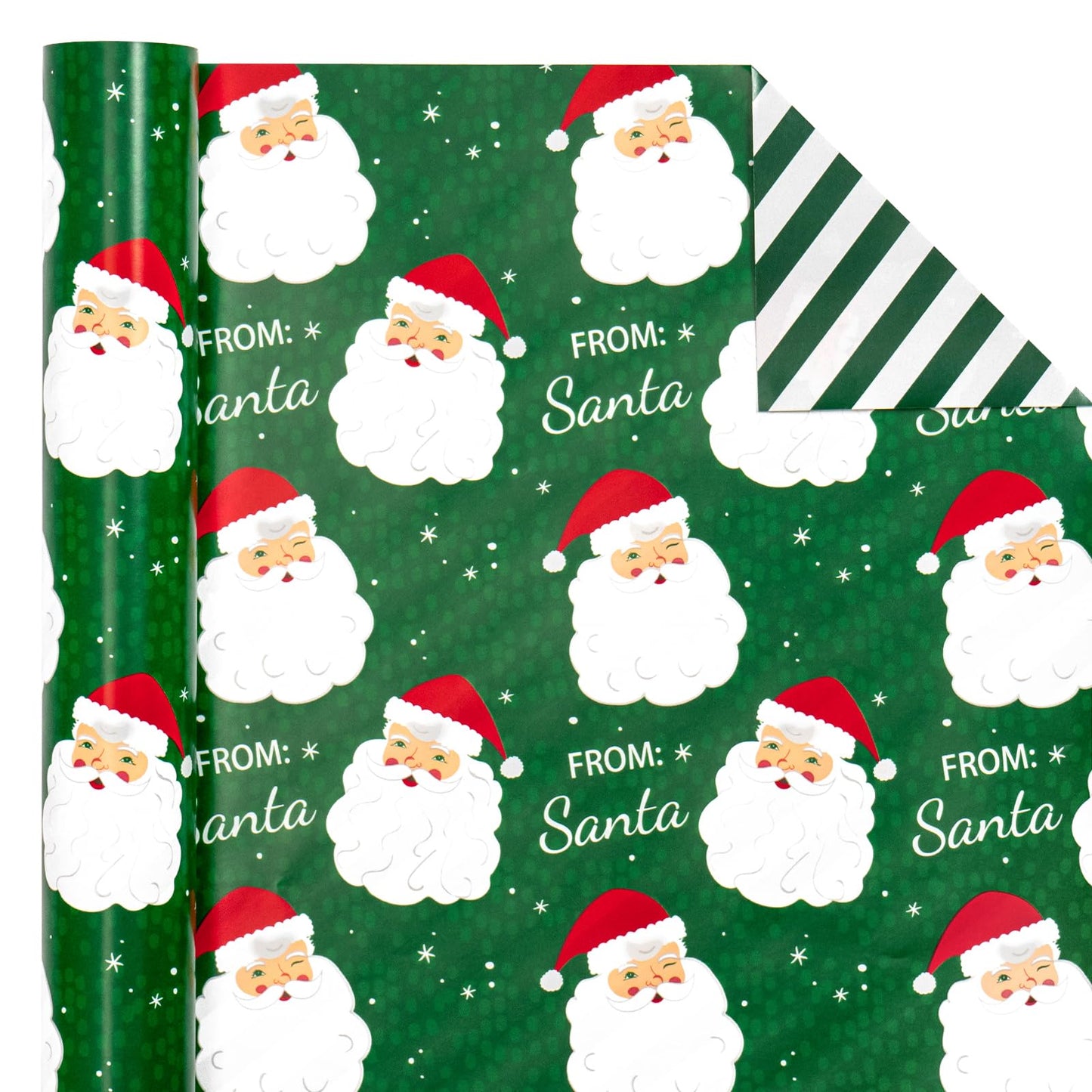 Reversible Christmas Wrapping Paper - Mini Roll - 17 Inch x 33 Feet - Green Santa Wrapping Paper and Stripe Perfect for Christmas, Holiday, Party Celebration